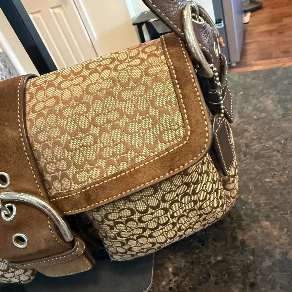 Brown Signature SoHo Flap Double Pocket  mini C Jacquard and Suede Bag